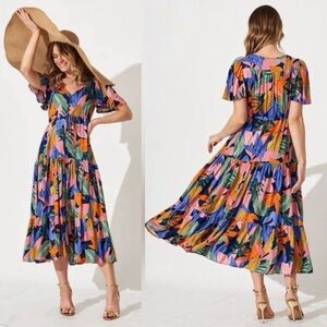 Abel the Label Anthropologie Leonard Dress Size Medium Tropical High Low Smocked